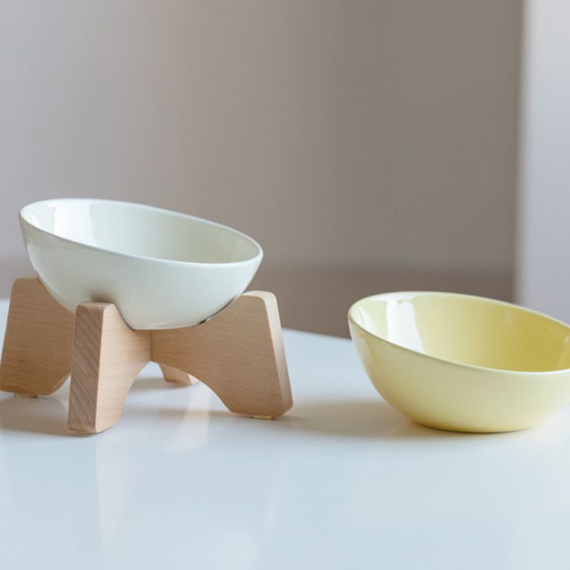Elevated Tilted Ceramic Pet Bowl with Beech Wood Stand – For Cats & Small Dogs