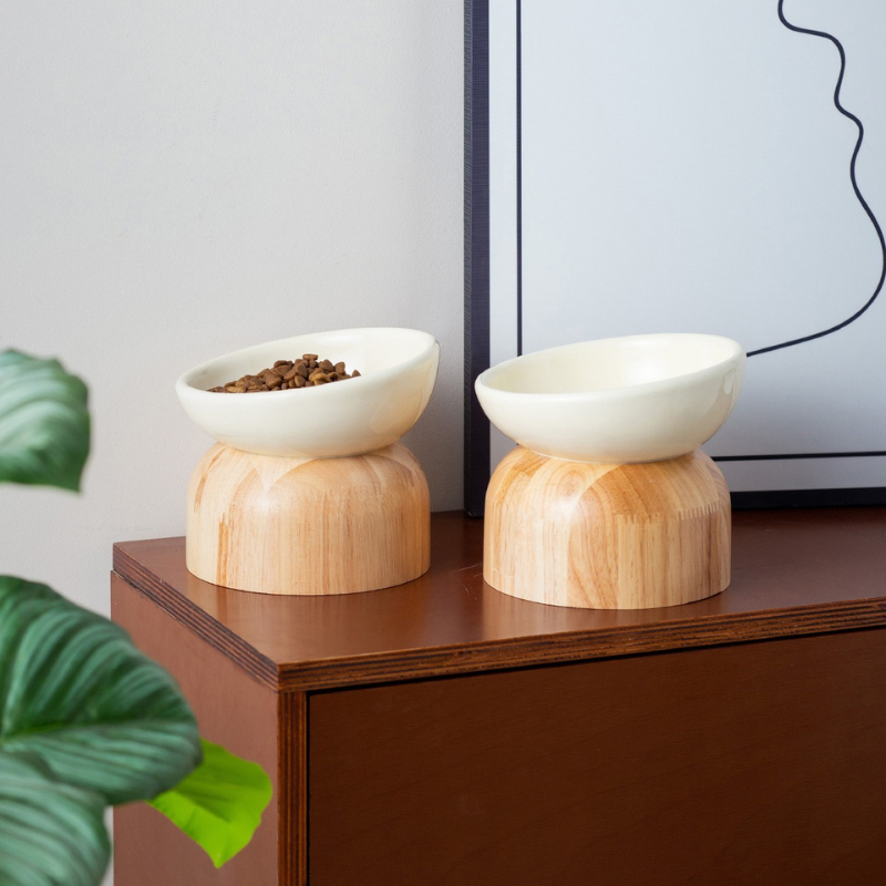 Elevated Pet Bowl with Ceramic Bowl & Oak Wood Stand 1pcs