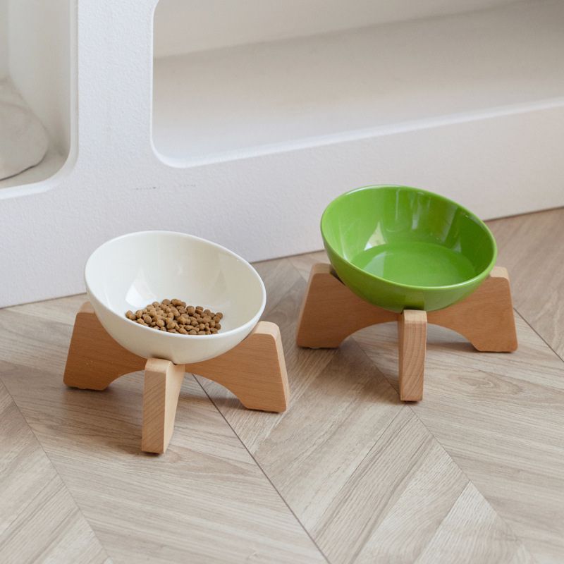 Elevated Tilted Ceramic Pet Bowl with Beech Wood Stand – For Cats & Small Dogs