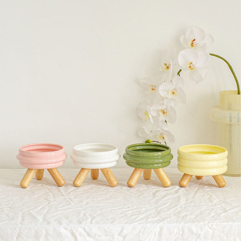 Ceramic Elevated Cat Bowl with Wooden Stand – Neck Support Food & Water Bowl for Cats