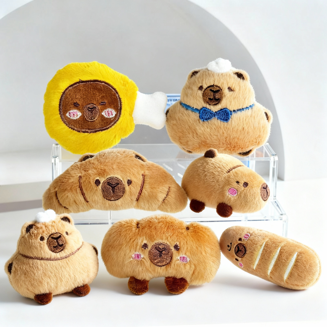 An image of 6pcs Plush Squeaky Dog Toy – Durable Fabric with Hand-Stitched Embroidery for Small & Medium Dogs
